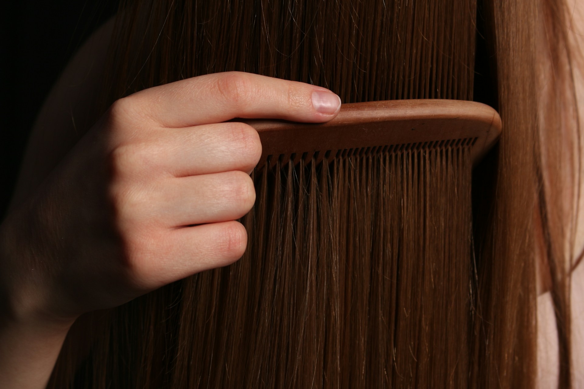 Hand examining hair strands during the post-transplant shedding phase